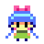 A chibi sprite with blue braids with a pink ribbon on top of their head, and a green dress