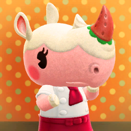 Merengue. A strawberry shortcake themed rhinoceros from the Animal Crossing franchise.