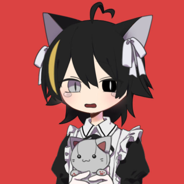 Boy with black hair with a blonde streak wearing a cat maid outfit holding a cat plushie in front of a red background.